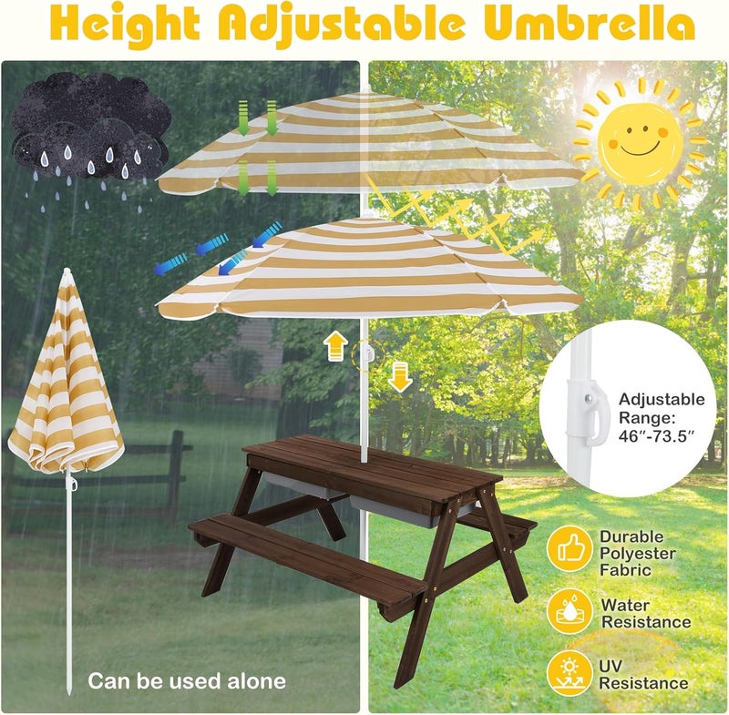 Olakids Kids Picnic Table, 4 in 1 Outdoor Toddler Sand Water Wooden Table and Chair Set with Removable Umbrella, Children Activity Furniture Bench Set for Patio Garden Backyard - Image 3